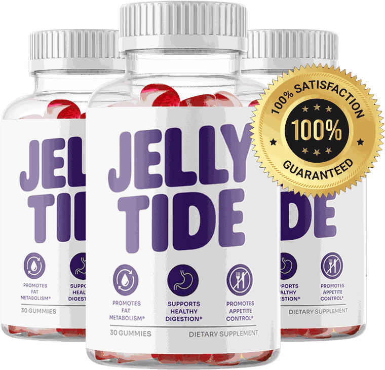 Three bottles of JellyTide gummies with a 100 percent satisfaction guarantee seal
